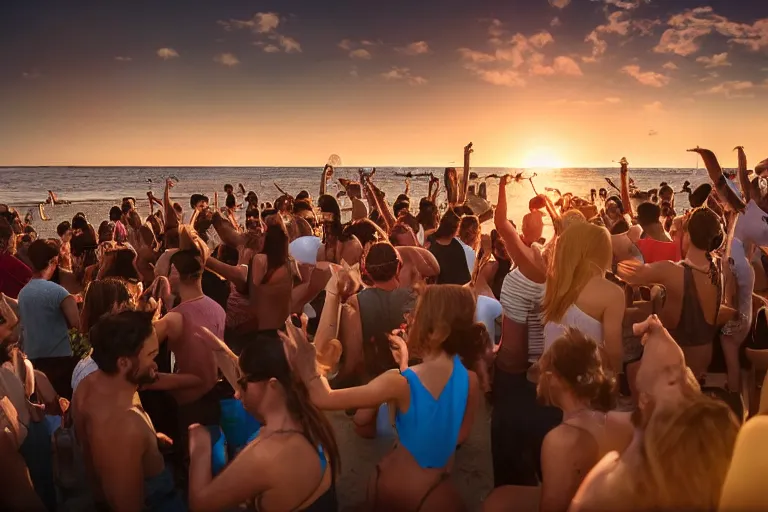 Prompt: everyone dancing at a party at the beach, drinking, food, bar, music, praising the sun, golden hour, cinematic, atmospheric, 8k resolution, Hyperrealistic