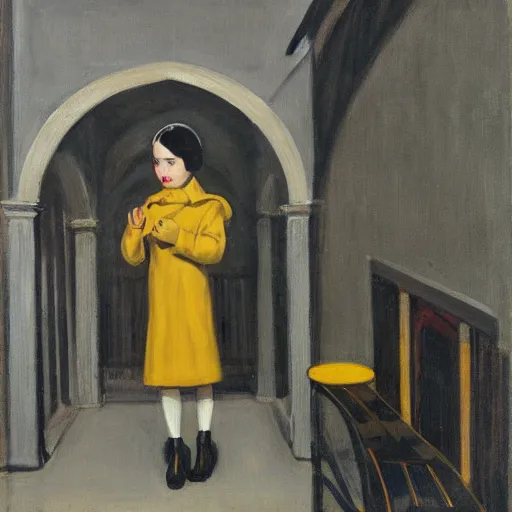 Prompt: a painting of a little girl with short black hair and wearing a yellow coat far away alone in the inner courtyard of an abbey by hopper and de chirico