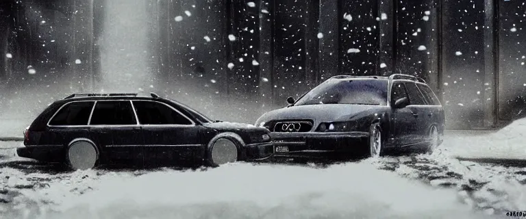 Image similar to Audi A4 B6 Avant (2002), a gritty neo-noir, dramatic lighting, cinematic, eerie person silhouette, death, homicide, homicide in the snow, gunshots, establishing shot, extremely high detail, photorealistic, cinematic lighting, artstation, by simon stalenhag, Max Payne (PC) (2001) winter new york at night, Max Payne 2 graphic novel style, flashing lights, Poets of the Fall - Late Goodbye