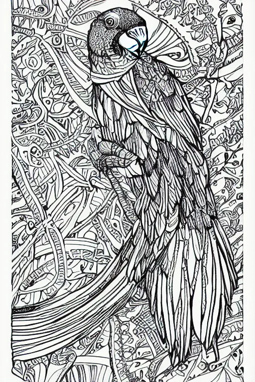 Image similar to parrot, fractal, ink drawing, line art colouring page