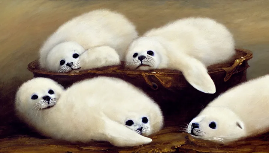 Prompt: highly detailed painting of cute furry white baby seals cuddling up in a big pile of whippy ice cream by william turner, thick brush strokes and visible paint layers, 4 k resolution