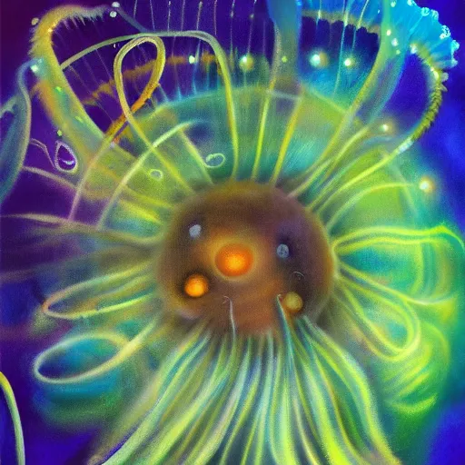 Image similar to furry jellyfish creature in magical realism luminescent airbrush underwater mystical world detailed painting 4 k