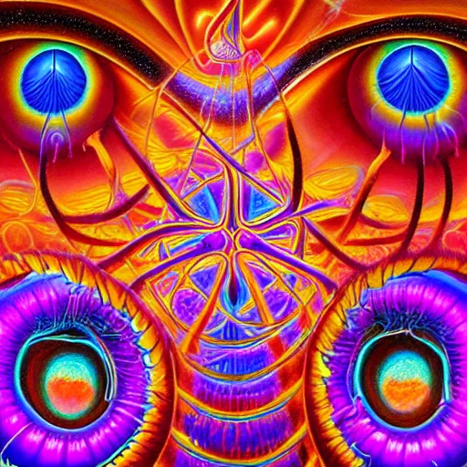 Prompt: tripping on psychedelic mushrooms in vegas, by Alex Grey, highly detailed painting