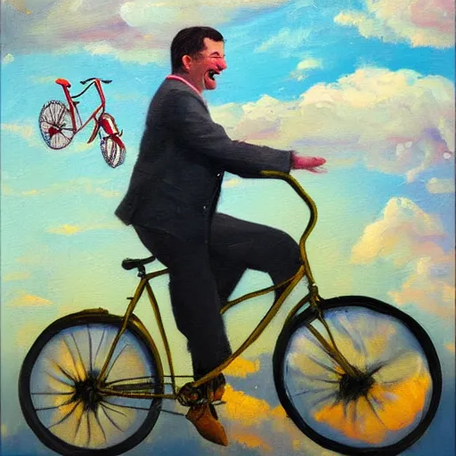 Image similar to A whimsical painting of a happy man flying in the sky on his bicycle in the clouds, action shot, subject is smiling, expressive oil painting