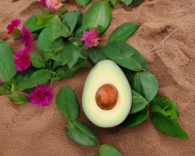 Image similar to 8 5 mm photography of elon musk as an avocado near a garden with sand with dof and bokeh and flowers