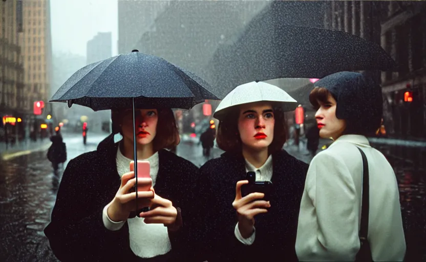 Image similar to cinestill selfie with iphone by vivian maier,, pouring rain menacing lights shadows, 8 k, hd, high resolution, 3 5 mm, f / 3 2, ultra realistic faces, ex machina