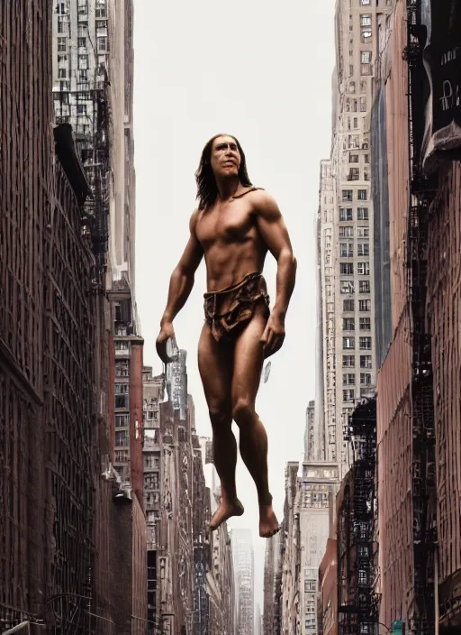 Image similar to film still, portrait of tarzan walk on the street of new york, symmetrical, 8 k, medium - format print, half body shot