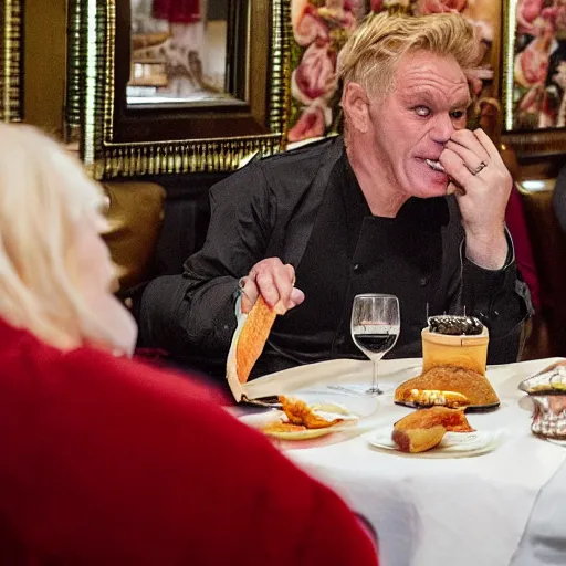 Image similar to Freddie Starr eating a loafer at a table in Claridges fine dining restaurant. Gordon Ramsey watches with a look of childish glee