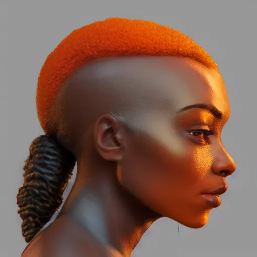 Image similar to side profile portrait of an african american woman with an orange glow on her face medieval metallic knight armor, artstation, cgsociety, masterpiece, dark fantasy