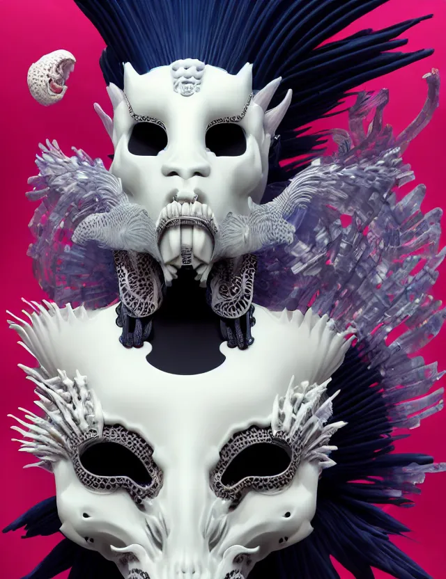 Prompt: 3 d goddess close - up profile simple portrait punk with mohawk with goat skull. beautiful intricately detailed japanese crow kitsune mask and clasical japanese kimono. betta fish, jellyfish phoenix, bio luminescent, plasma, ice, water, wind, creature, artwork by tooth wu and wlop and beeple and greg rutkowski