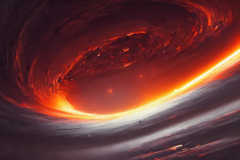 Image similar to a beautiful oil painting of the event horizon of a black hole, orange, warping, detailed, beautiful, awe - inspiring, bright, by greg rutkowski, trending on artstation