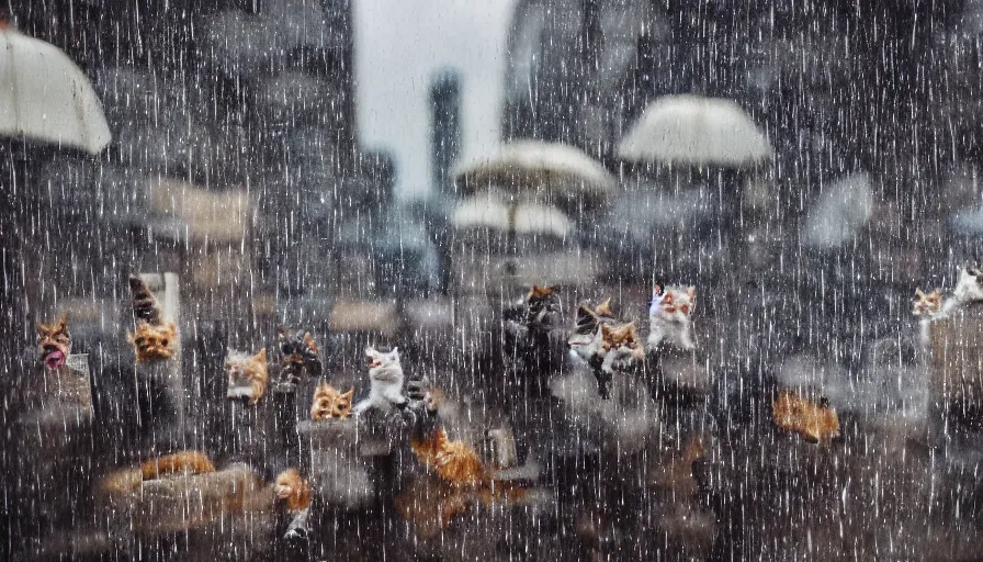 Prompt: its raining kittens and puppies in the most unusual storm ever, surprised people running for cover, some trying to catch the kittens, chaos in the city, high quality, high details, panoramic