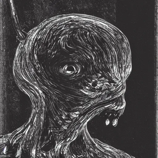 Image similar to creature made of black goo with a television as a head, grainy photo