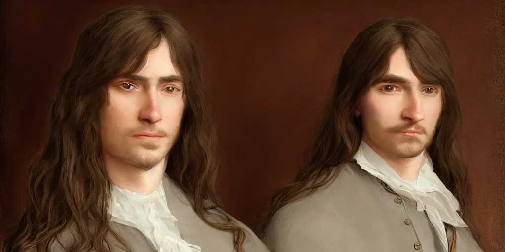 Image similar to an ultra detailed portrait of a handsome wizard with a very short goatee named james and a beautiful noblewoman with long brown hair named rachel, in contemporary clothes, 8 k, modernist style, artstation, pixiv, by jacque - louis david