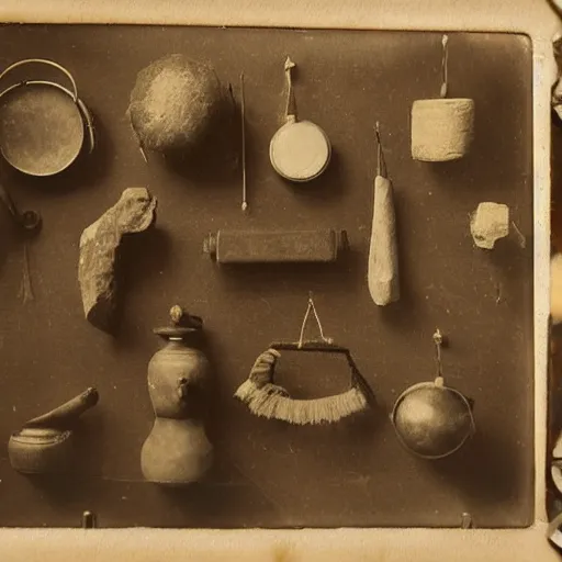 Image similar to Tintype photograph of primitive objects displayed in an ethnographic museum, archive material, anthropology,in the style of Marcel Duchamp, 1920s studio lighting.