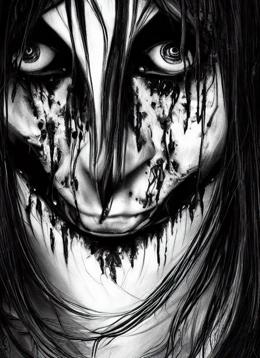 Image similar to digital _ painting _ of _ the grudge horror black and white _ by _ filipe _ pagliuso _ and _ justin _ gerard _ symmetric _ fantasy _ highly _ detailed _ realistic _ intricate _ port