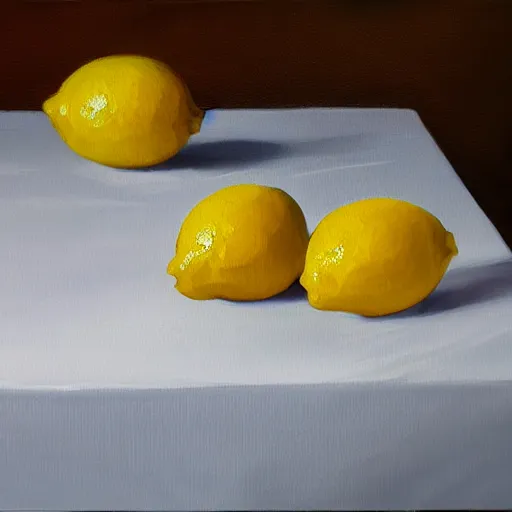 Image similar to lemons dramatic lighting on white tablecloth, oil painting, pale colors, high detail, 8 k, wide angle, trending on artstation,