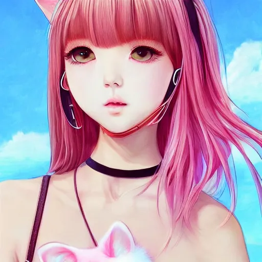 Prompt: realistic beautiful gorgeous natural cute Blackpink Lalisa Manoban pink hair cute fur pink cat ears, wearing white camisole summer outfit, headphones, black leather choker artwork drawn full HD 4K highest quality in artstyle by professional artists WLOP, Aztodio, Taejune Kim, Guweiz on Pixiv Artstation