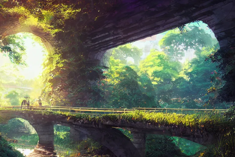 Prompt: Florid stone bridge overgrown, radiant morning light, scenic art by makoto shinkai and alena aenami