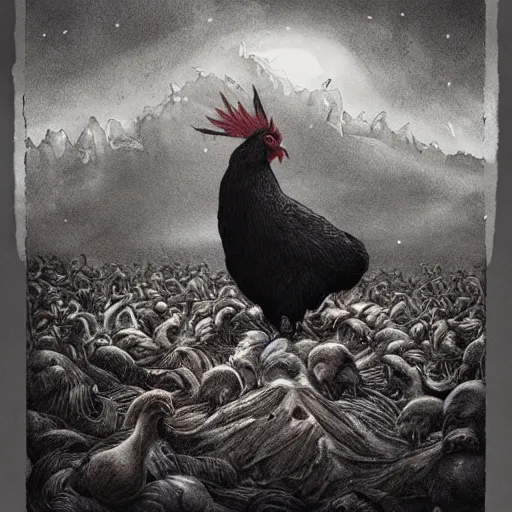 Prompt: a majestic chonky! black chicken with royal 'red!!! comb!!!', colored ultra-detailed pen and ink illustration, matte painting, modern concept art, impossible fine lines and details, divine background, by John Kenn Mortensen