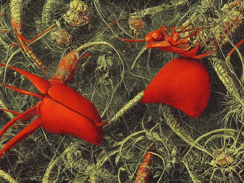 Prompt: Close up of the cardinal beetle. Painting by Beksinski, Walton Ford, Ernst Haeckel