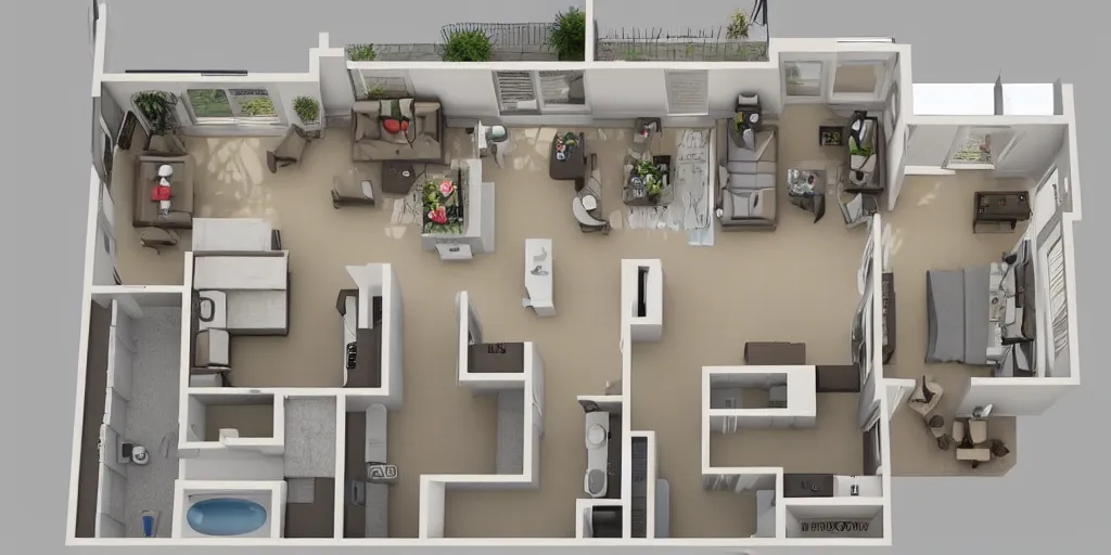 Prompt: 3 d floor plan of a one bedroom apartment, top view, realistic, detailed