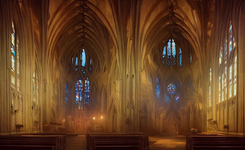 Prompt: Interior shot of a Gothic church by Petros Afshar and Beeple, James Gilleard, Mark Ryden, Wolfgang Lettl highly detailed