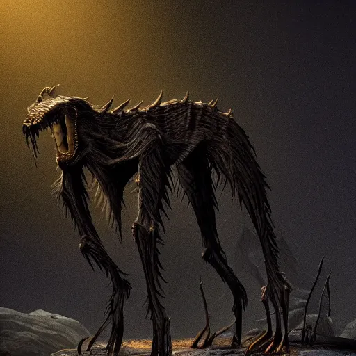 Image similar to tall bipedal creature in the darkness, long claws, large long pointy teeth, drooling, hunched over, dark cavern, no light, highly intricate, detailed, 8 k