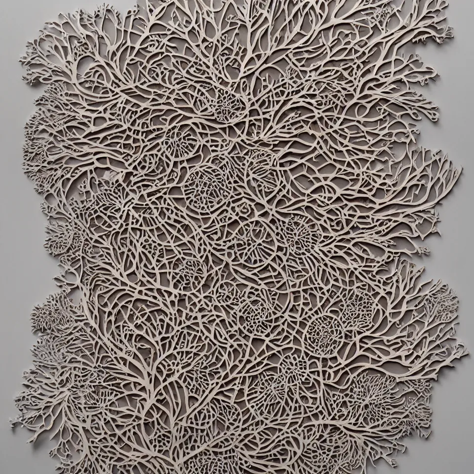 Image similar to 3 d print of laser - cut paper sculptures of intricate microorganisms and forms with texture and pattern of coral bacteria microbes, bio sculpture by ernst haeckel, rogan brown, labyrinth, 8 k, hd, graphical, detailed, trending in art station