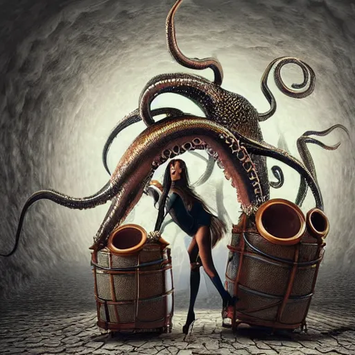 Image similar to fantasy steampunk giant Squid woman frantically playing a huge drum set with tentacles undersea dystopian photorealistic spotlight