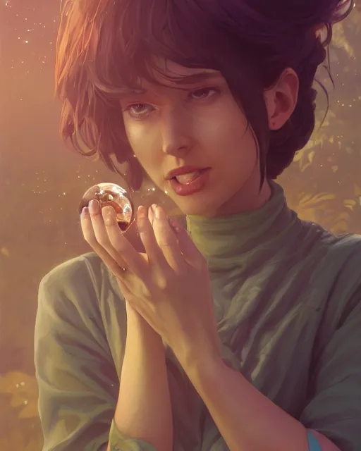 Image similar to highly detailed vfx woman holding a sphere of water in her hands, stephen bliss, unreal engine, greg rutkowski, loish, rhads, beeple, makoto shinkai and lois van baarle, ilya kuvshinov, rossdraws, tom bagshaw, alphonse mucha, global illumination, detailed and intricate environment