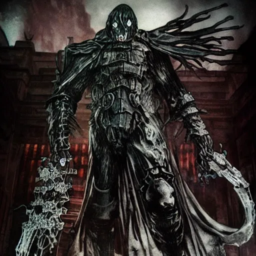 Prompt: The Shadowlord from Nier Replicant fighting the machine life forms, highly detailed, realistic, tragic