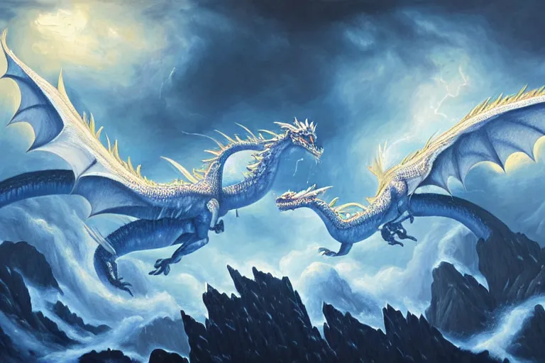 Image similar to a vast oil painting of two storm dragons dueling above the snowy peaks, hyper realistic, vivid, highly detailed, many colors