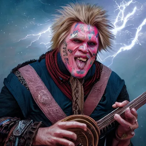 Image similar to detailed photo of a Half-orc bard portrayed by the gigachad Gary Busey with a lute, 8k,by Tristan Eaton, Stanley Artgermm, Tom Bagshaw, Greg Rutkowski, Carne Griffiths, trending on DeviantArt, face enhance, hyper detailed ,full of color, dramatic lightning, epic stance