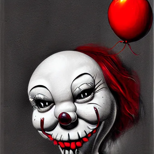 Image similar to surrealism grunge cartoon portrait sketch of an apple with a wide smile and a red balloon by - michael karcz, loony toons style, pennywise style, horror theme, detailed, elegant, intricate