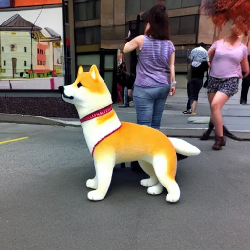 Image similar to a giant plushy shiba inu destroying a city, photo realistic, highly detailed,