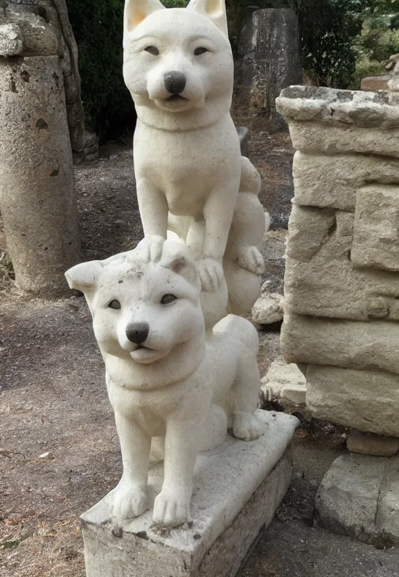 Image similar to ancient greek shrine to a shiba inu god, marble dog statues, ancient ruins