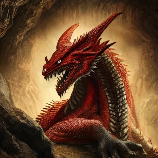 Image similar to photo of an ancient red dragon sitting menacingly in a cave, dungeons and dragons, detailed, 4 k