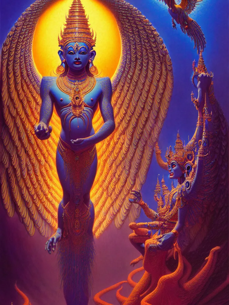 Prompt: a dmt blue and golden angel goddess hindu entity thai architecture, tim hildebrandt, wayne barlowe, bruce pennington, donato giancola, trending on artstation, cinematic composition, beautiful lighting, hyper detailed, 8 k, oil on canvas