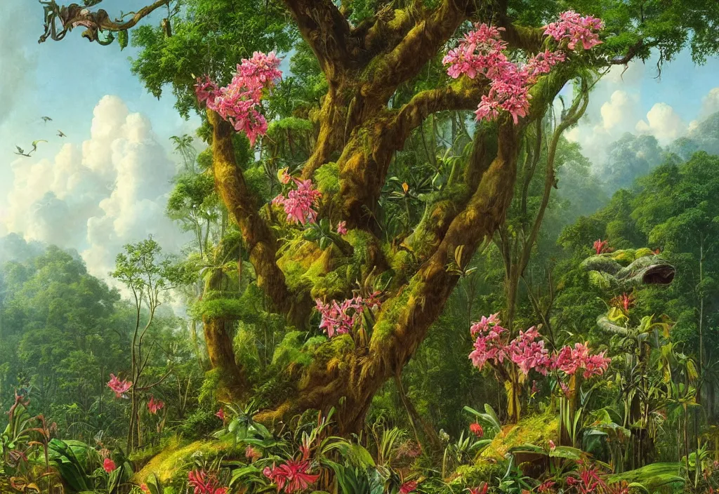 Prompt: a detailed botanical landscape painting of a flowering orchid during the time of the dinosaurs in the forest jungle, painting by martin johnson heade and simon stalenhag, colorful wild flowers, brontosaurus head emerging from the top of the trees, rainforest weather