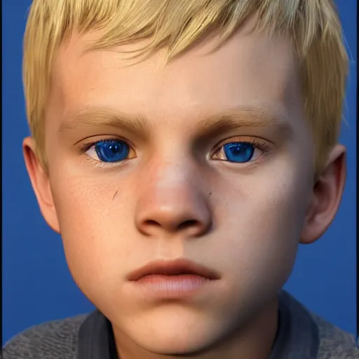 Image similar to a detailed portrait of boy with blonde hair and blue eyes, unreal engine 5 rendered, incredibly highly detailed and realistic, 8 k, sharp focus, studio quality