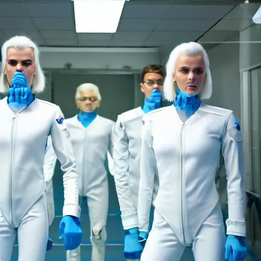 Image similar to troop of identical athletic humans with white hair wearing tight light blue latex suits, in formation, futuristic chemistry lab, sci - fi, highly detailed, hyperrealistic