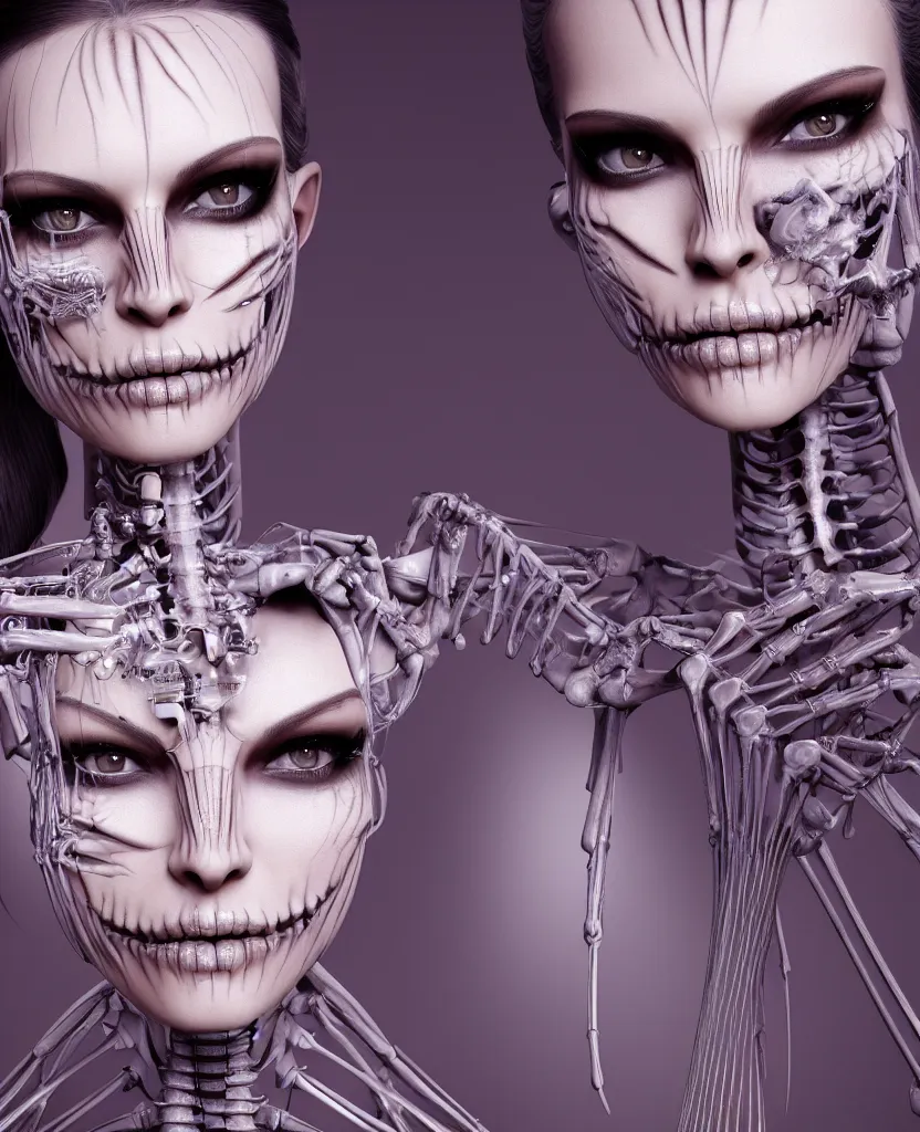 Image similar to close-up macro portrait of the face of a beautiful fashion girl with makeup, epic angle and pose, ribcage skeleton symmetrical artwork, 3d with depth of field, blurred background, cybernetic machine female face, translucent, nautilus, energy flows of love and hate, a highly detailed epic cinematic concept art CG render. made in Maya, Blender and Photoshop, octane render, excellent composition, cinematic dystopian brutalist atmosphere, dynamic dramatic cinematic lighting, aesthetic, very inspirational, arthouse, Greg Rutkowski, Ilya Kuvshinov, WLOP, Stanley Artgerm Lau, Ruan Jia and Fenghua Zhong