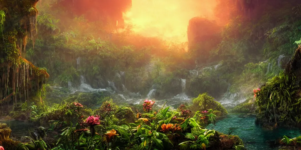 Image similar to a rusty ethereal ghost shipwreck in a prehistoric jungle, lush flora, waterfall, towering mountains, flowers, vines, sunset, hazy, volumetric lighting, rtx on, washed out colors, an award winning digital render, beautiful, stunning, ultradetailed, great composition