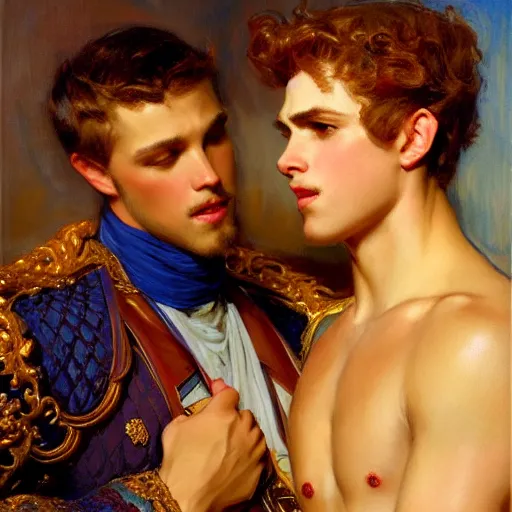 Image similar to attractive fully clothed king confesses his love for his attractive fully clothed male prince. highly detailed painting by gaston bussiere and j. c. leyendecker 8 k