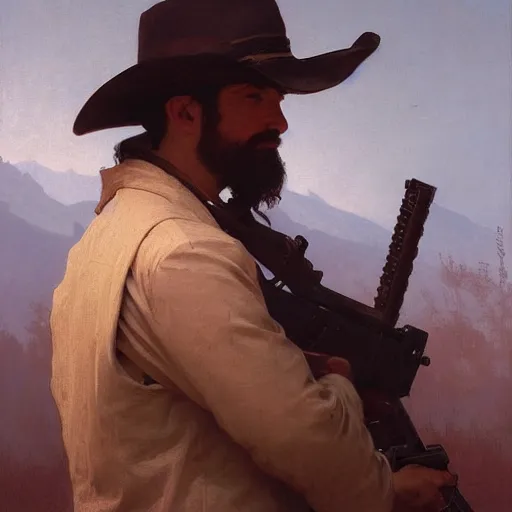 Prompt: a portrait painting of a gunslinger gentleman, art greg rutkowski and william - adolphe bouguereau