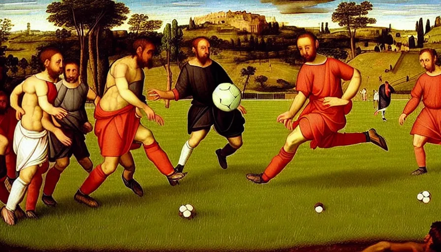 Prompt: “people in ancient greece playing soccer in a grass field, renaissance painting, 8k, hyperdetailed, ultra detail, UHD, high quality”