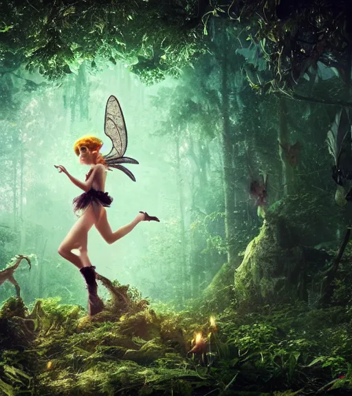 Prompt: demonic tinker bell flying in an enchanted forest, flawless symmetrical pretty cute face, greg rutkowski, 8 k, shallow depth of field, intricate detail, concept art,