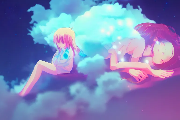 Image similar to a cute anime girl sleeping on a cloud, misty, glows, digital art, hazy, foggy, ambient lighting, 8 k, neon, synthwave,