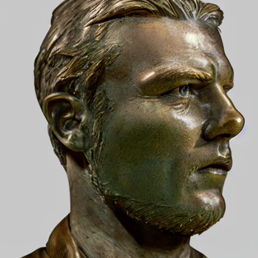 Prompt: detailed photo of an old bronze patina statue of a ewan mcgregor bust, intricate detail, museum lighting